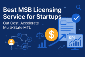 A complex dark fintech illustration showing MSB licensing, compliance documents, financial icons, and startup growth workflow.”