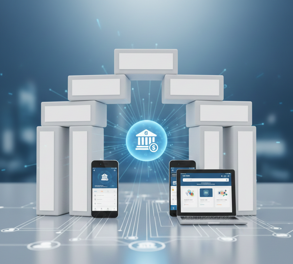 “Fintech professional showcasing digital banking icon.”