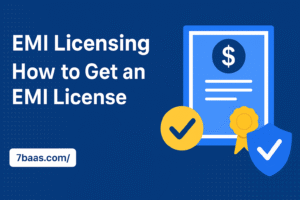 EMI licensing guide banner showing how to get an EMI license with compliance certificate and financial regulation icons