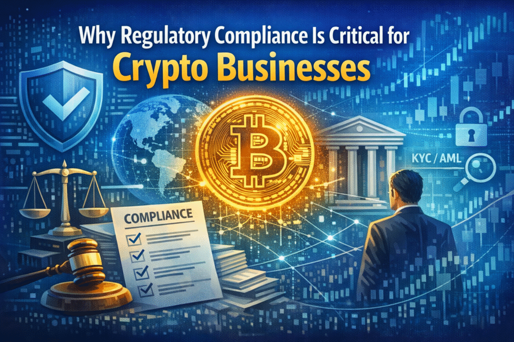 "Digital illustration representing regulatory compliance for crypto businesses, featuring a Bitcoin symbol, scales of justice, a gavel, a compliance checklist, a bank building, KYC/AML icons, and a businessman analyzing financial data on a blue background with charts and digital graphics."