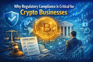 "Digital illustration representing regulatory compliance for crypto businesses, featuring a Bitcoin symbol, scales of justice, a gavel, a compliance checklist, a bank building, KYC/AML icons, and a businessman analyzing financial data on a blue background with charts and digital graphics."