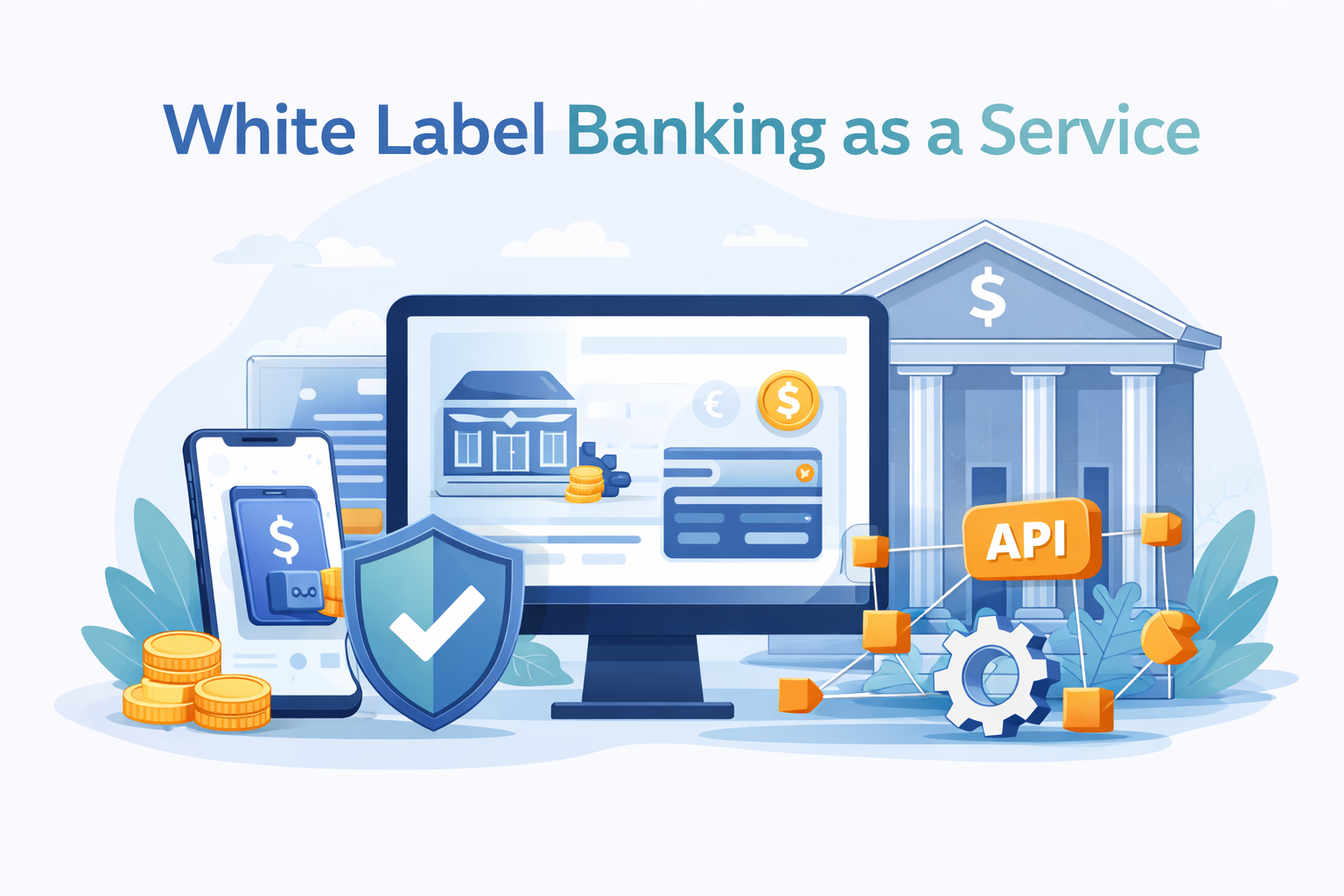 "White Label Banking as a Service with digital banking, payments, APIs, and compliance symbols."