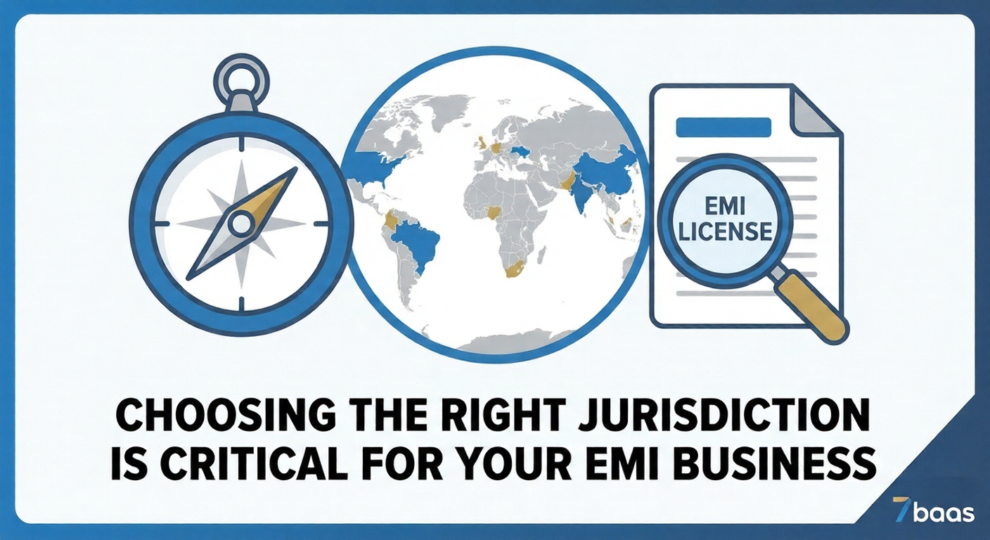 "Illustration showing the importance of choosing the right jurisdiction for an EMI license, including compliance, banking access, and market expansion."