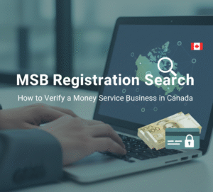 Person using a laptop to perform an MSB registration search in Canada, featuring a digital map of Canada, Canadian currency, and a security lock icon.