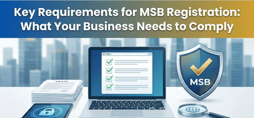"Blog header image about 'Key Requirements for MSB Registration' showing a laptop with a compliance checklist, legal documents, and a shield with 'MSB' representing business compliance and regulatory adherence."