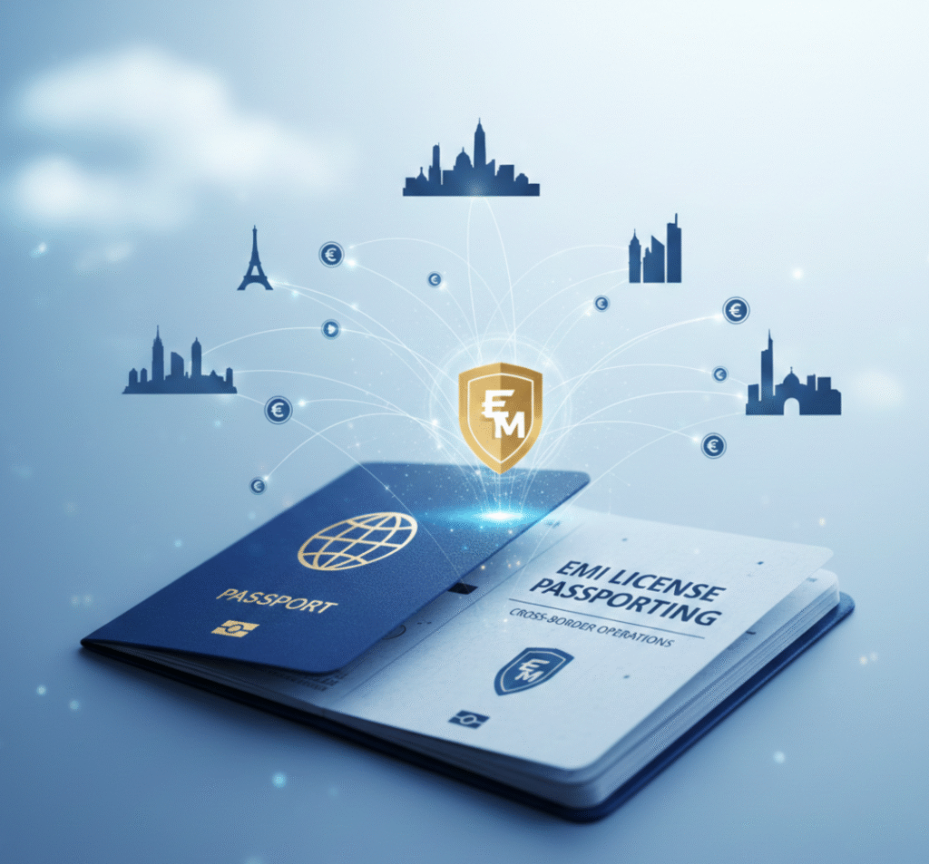 Illustration representing Electronic Money Institution (EMI) passporting rights, showing a central license shield facilitating cross-border financial operations between various European cities and markets.