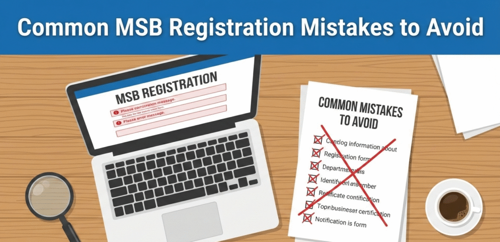 Desktop workspace showing a checklist of common errors to avoid during the Money Services Business (MSB) registration process.