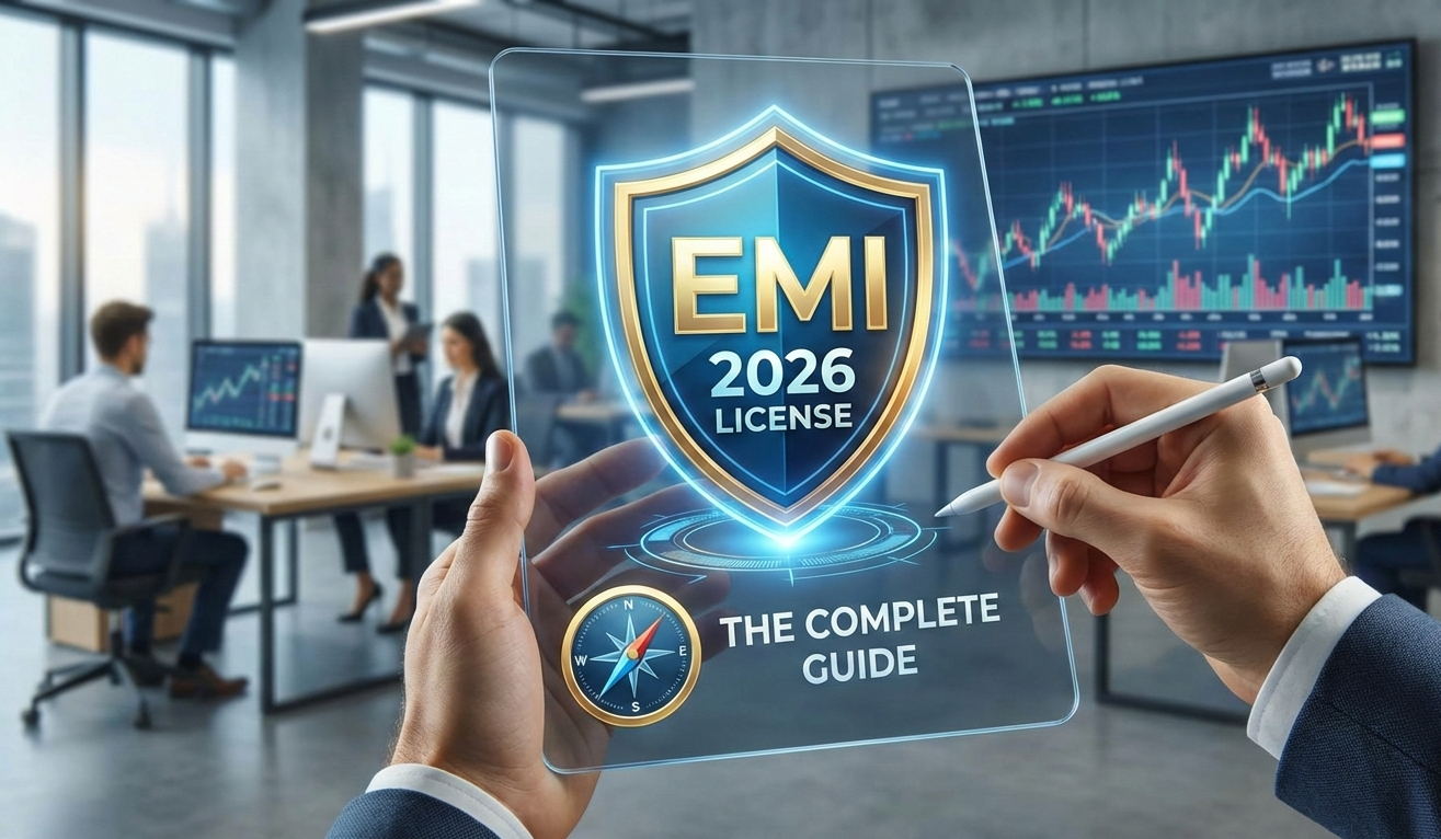 Digital tablet displaying the 2026 Complete Guide to Electronic Money Institution (EMI) Licensing, featuring a security shield icon in a professional fintech office environment with financial data charts.