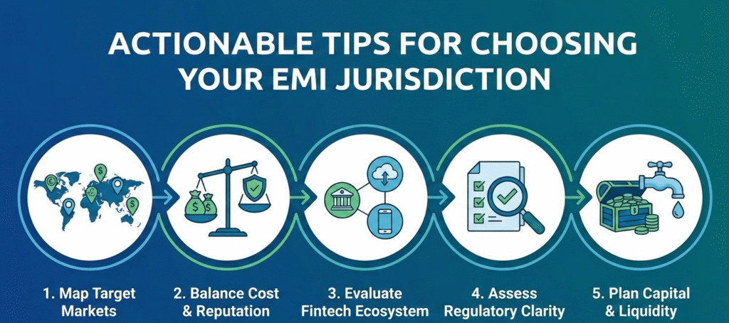 Infographic outlining 5 tips for choosing an EMI jurisdiction, featuring Electronic Money Institution license requirements, fintech regulatory clarity, market mapping, and capital strategy for payment service providers.