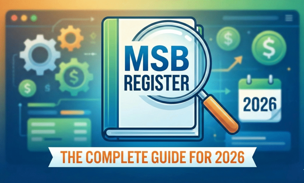"Digital illustration representing the 2026 MSB Register compliance guide, showing financial icons and a search tool over a registration ledger."