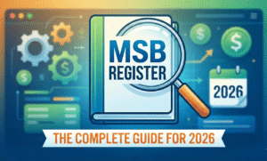"Digital illustration representing the 2026 MSB Register compliance guide, showing financial icons and a search tool over a registration ledger."
