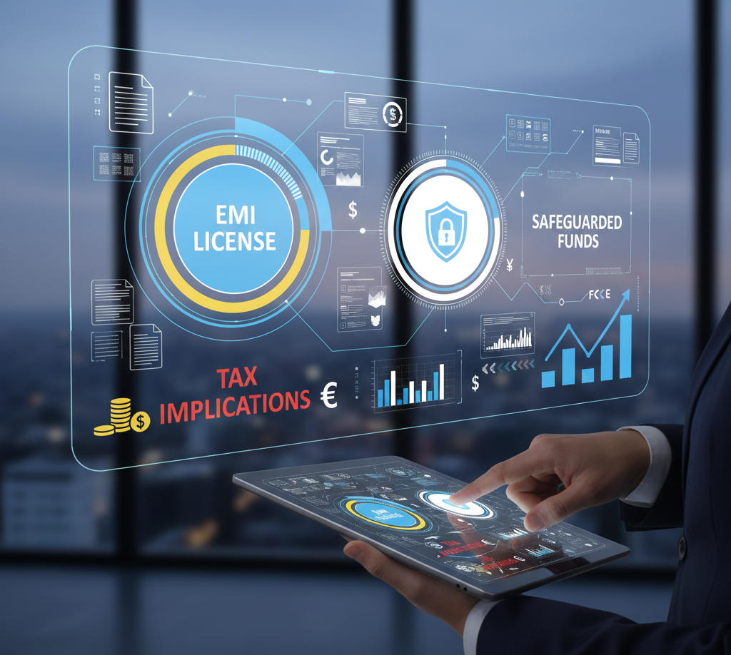 "Financial dashboard illustrating EMI regulatory compliance, safeguarded funds protection, and corporate tax planning for payment institutions."

