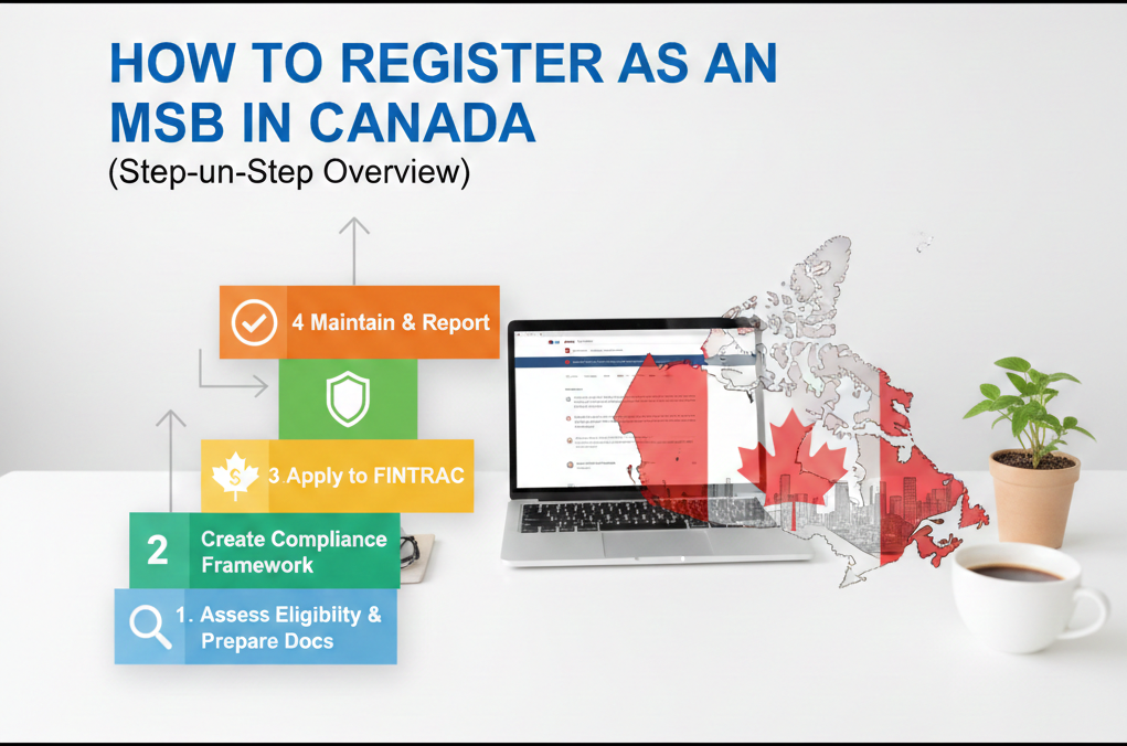 An infographic titled "How to Register as an MSB in Canada" showing a four-step staircase process next to a laptop and a map of Canada.