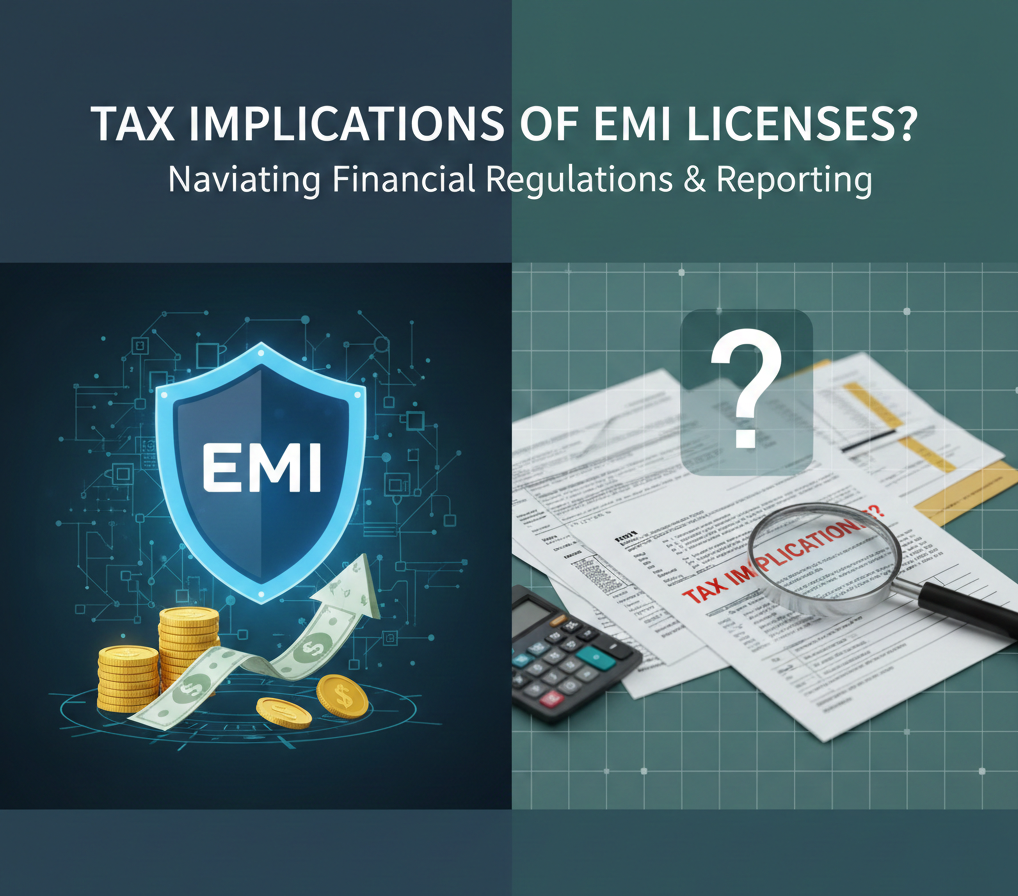 Fintech infographic showing the connection between Electronic Money Institution (EMI) licenses and financial tax regulations.