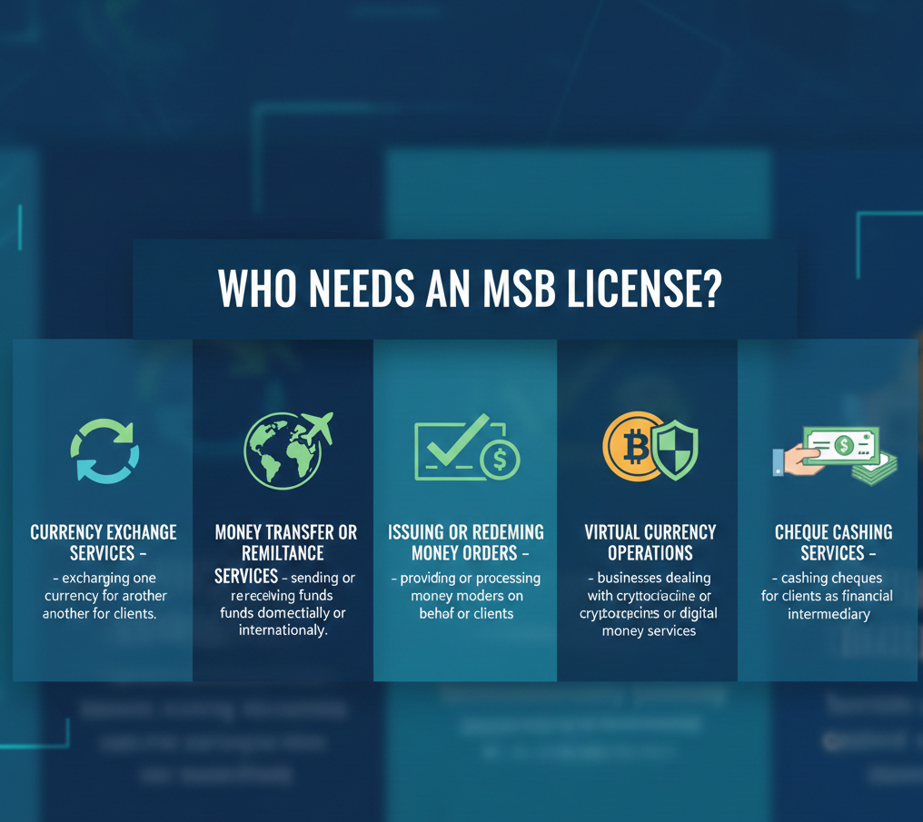 "Infographic outlining MSB license requirements for financial services including currency exchange, money transfer remittances, money order issuance, cryptocurrency virtual currency operations, and cheque cashing businesses."
