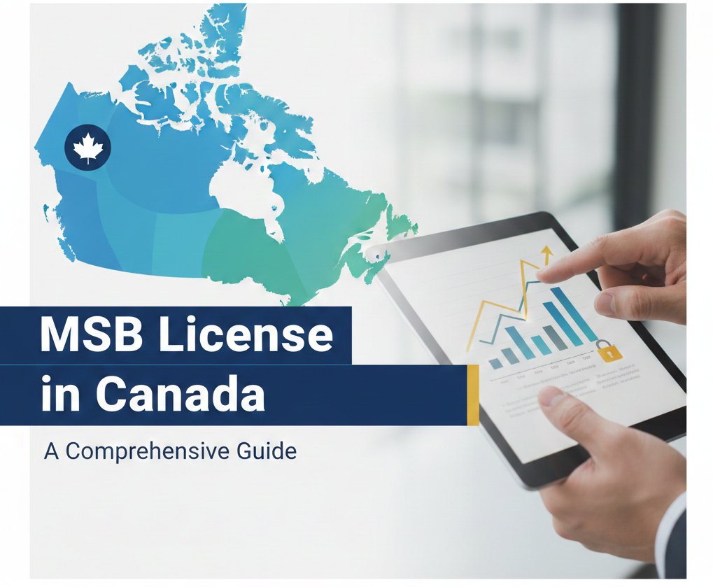 "Guide to MSB License in Canada and FINTRAC registration. Image shows a Canadian map and financial data on a tablet, representing Money Services Business compliance and fintech growth."