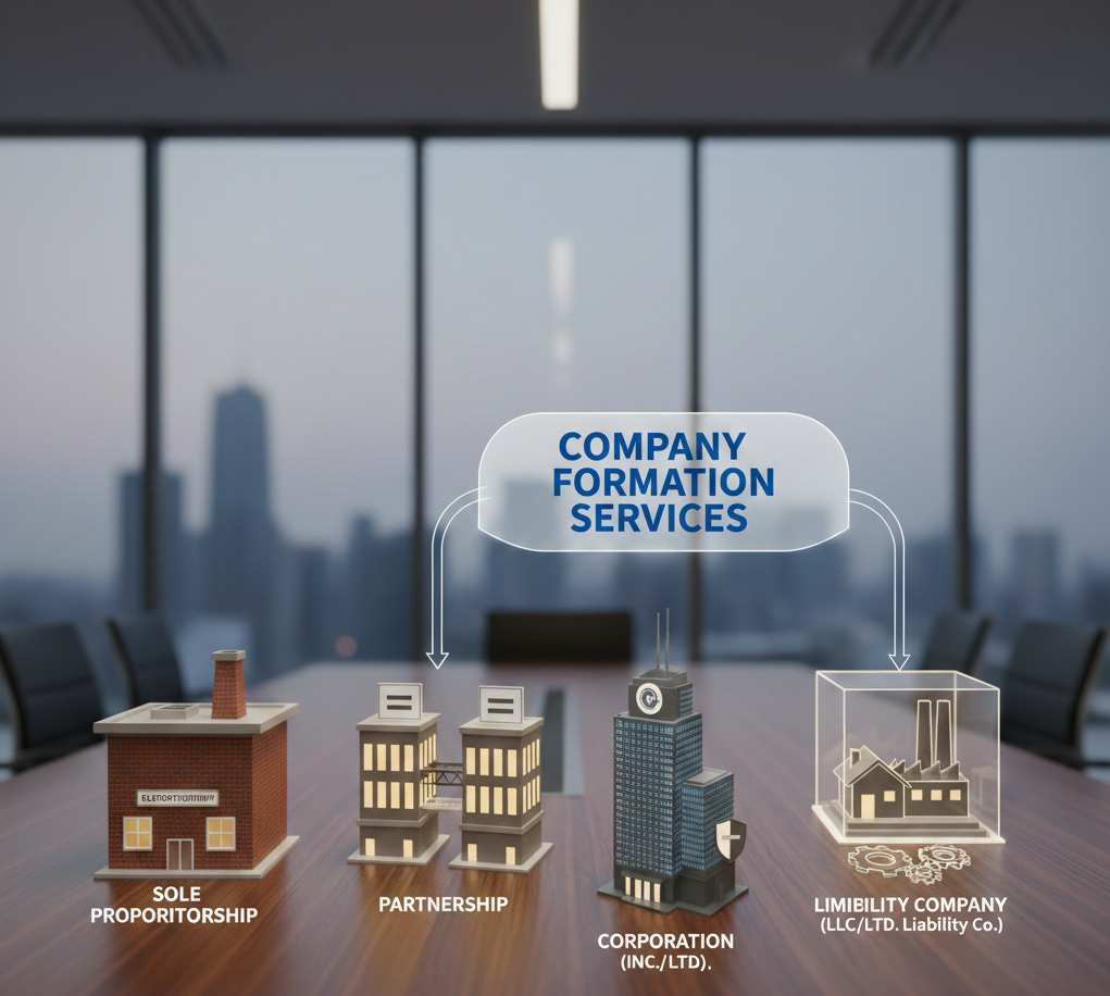 "3D infographic illustrating types of business structures including Sole Proprietorship, Partnership, Corporation, and Limited Liability Company (LLC) for company formation services."