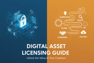 Digital asset licensing guide infographic showing requirements like ownership verification and the licensing process using smart contracts and blockchain.
