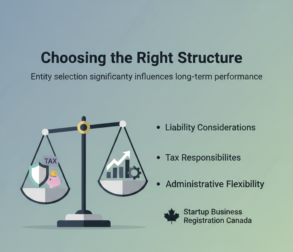 Infographic for Startup Business Registration Canada outlining the key factors in choosing a business structure: liability, tax responsibilities, investment readiness, and administrative flexibility.
