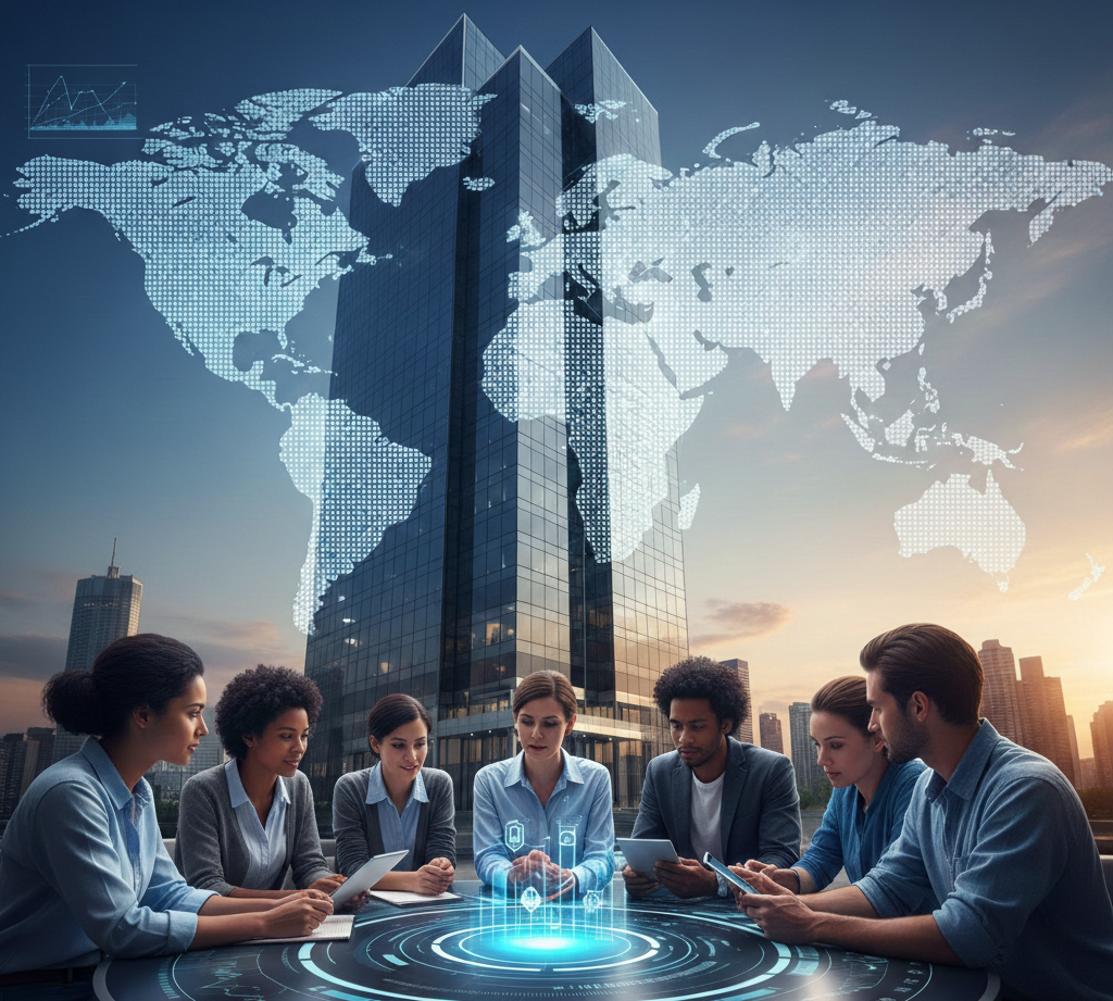 Global fintech consultancy team using advanced digital technology to analyze international financial markets, featuring a world map hologram and a modern city skyline.