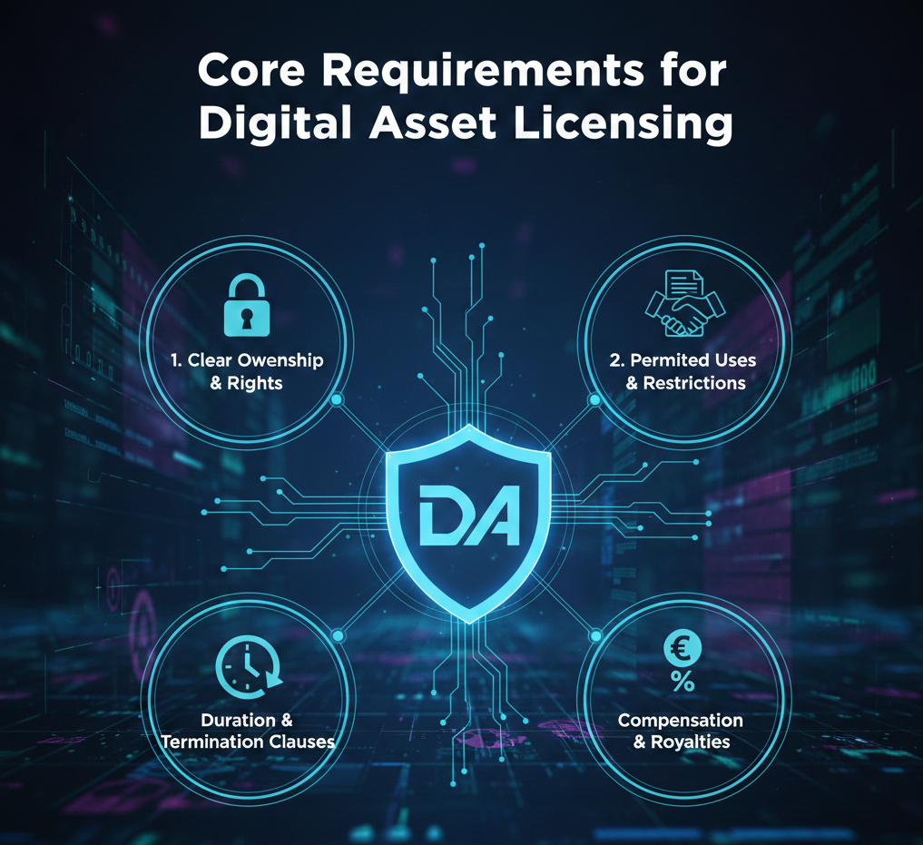 "Infographic showing core requirements for digital asset licensing: ownership rights, usage restrictions, contract duration, and royalty compensation models for digital creators and businesses."