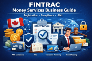 FINTRAC money services business illustration showing MSB registration, AML compliance, KYC verification, and financial monitoring concepts