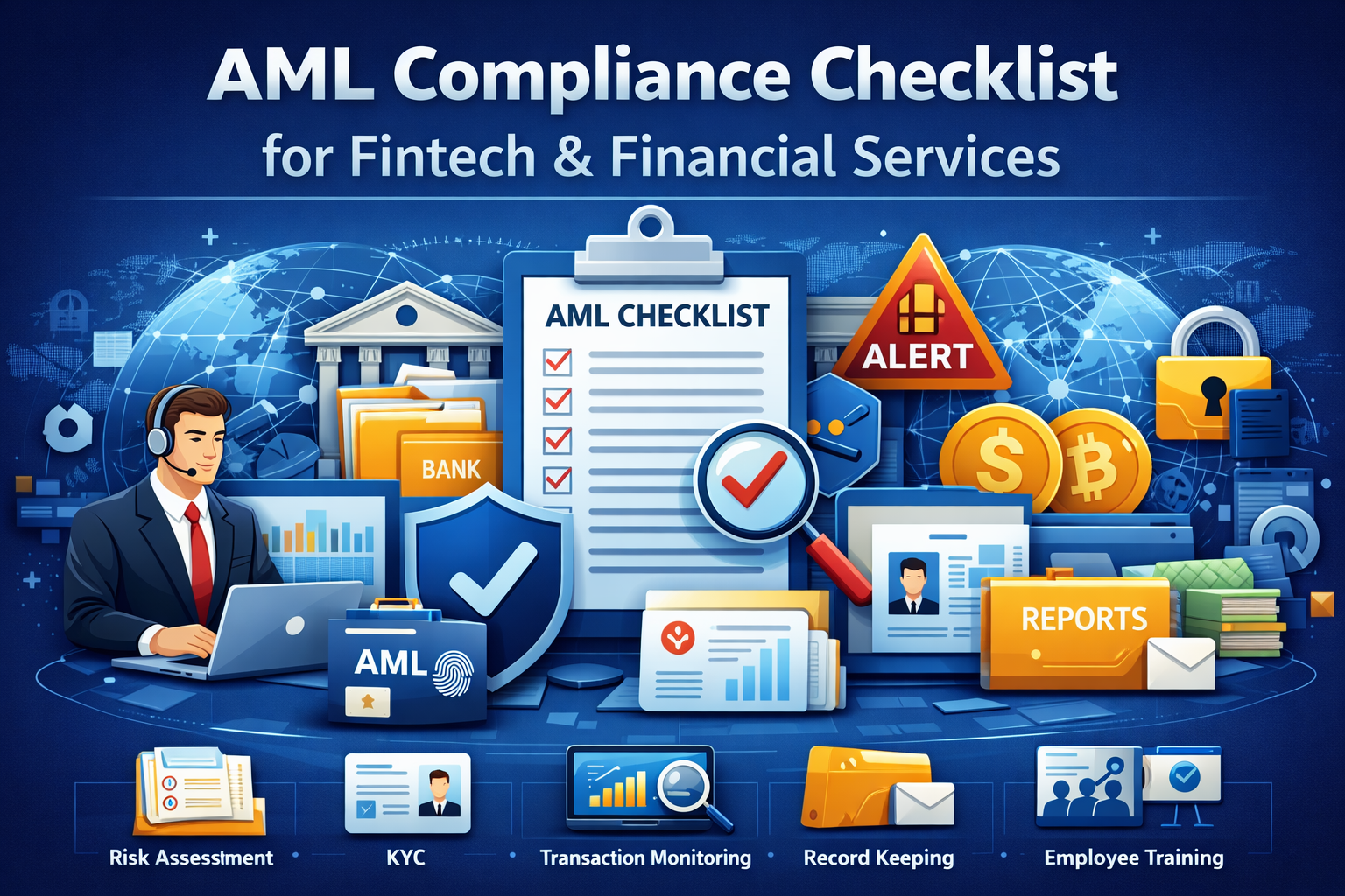 AML compliance checklist fintech illustration showing risk assessment and monitoring