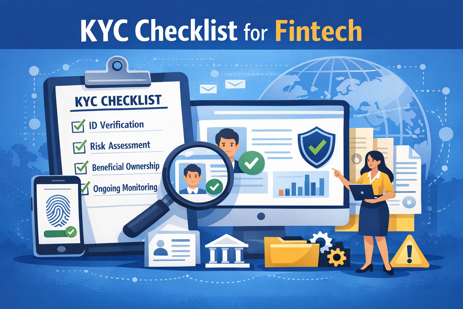 KYC checklist fintech illustration showing identity verification and risk assessment