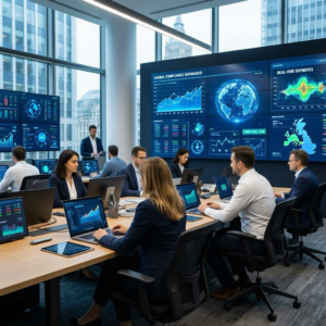 EMI compliance team managing corporate compliance systems in a UK fintech office