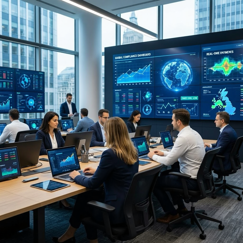 EMI compliance team managing corporate compliance systems in a UK fintech office
