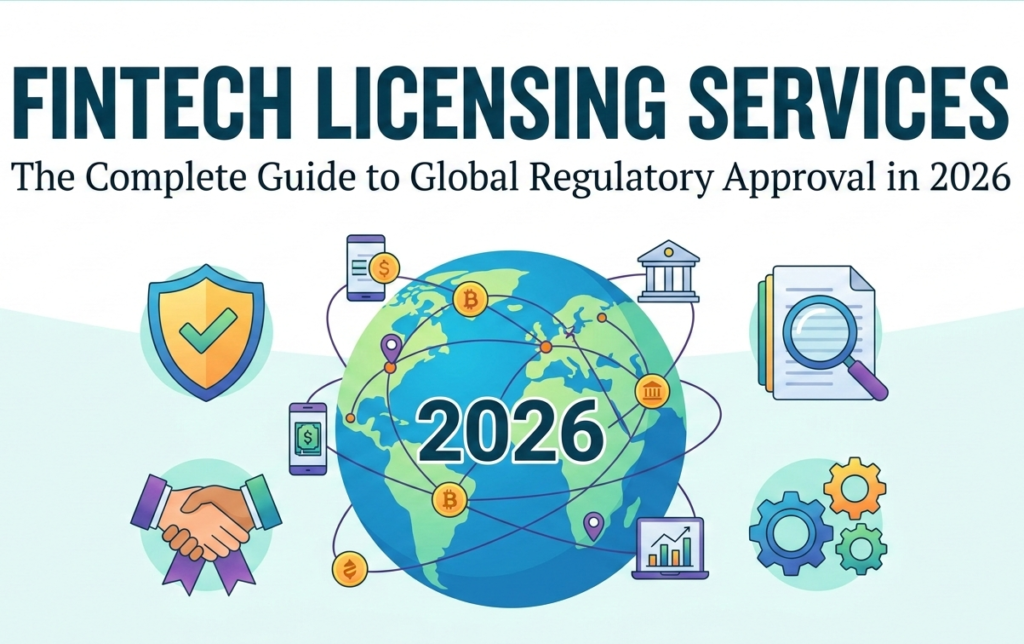 An illustration for "Fintech Licensing Services: The Complete Guide to Global Regulatory Approval in 2026," featuring a central globe with icons for security, magnifying glasses, and digital currency.