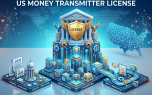 Isometric illustration representing a US Money Transmitter License, featuring federal compliance symbols, digital financial infrastructure, and a map of the United States.