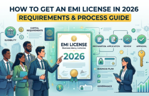 A professional infographic-style blog header titled "How to Get an EMI License in 2026: Requirements & Process Guide." The image features a diverse team of business professionals in suits standing next to a large, framed "EMI License" document dated 2026. Surrounding them are icons and flowcharts illustrating the licensing steps: Eligibility, Capital Requirements, Business Plan, Application, Review, and Approval.
