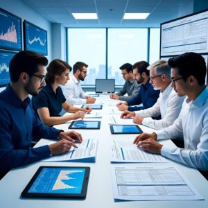 Crypto compliance officers reviewing US Money Transmitted License applications in a fintech office