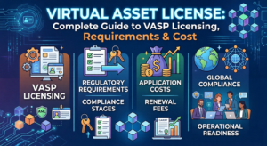 "A comprehensive infographic for a Virtual Asset License and VASP guide. It covers critical areas like 'VASP Licensing,' 'Regulatory Requirements & Compliance Stages,' 'Application Costs & Renewal Fees,' and 'Global Compliance & Operational Readiness' to guide businesses through the setup process. This visual breaks down the complexities of obtaining and maintaining a Virtual Asset License for VASP compliance."