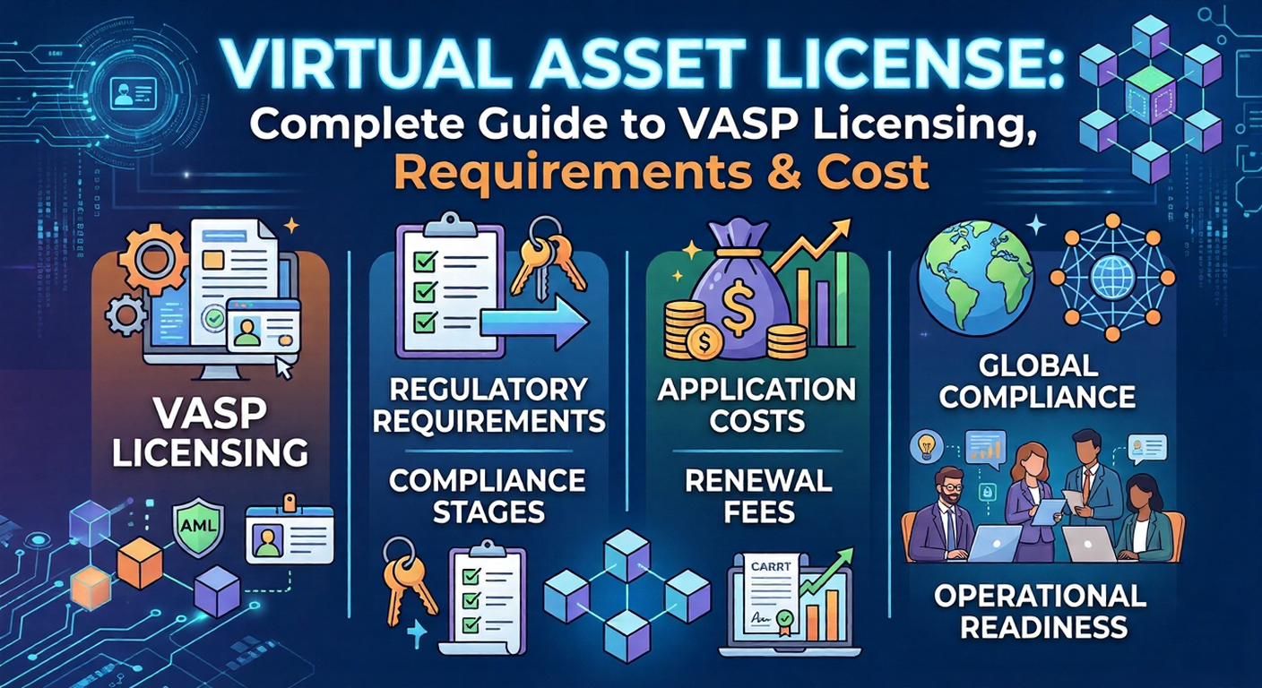 "A comprehensive infographic for a Virtual Asset License and VASP guide. It covers critical areas like 'VASP Licensing,' 'Regulatory Requirements & Compliance Stages,' 'Application Costs & Renewal Fees,' and 'Global Compliance & Operational Readiness' to guide businesses through the setup process. This visual breaks down the complexities of obtaining and maintaining a Virtual Asset License for VASP compliance."