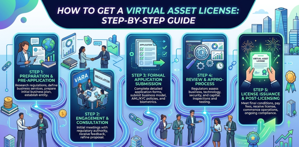 An infographic titled "How to Get a Virtual Asset License: Step-by-Step Guide" featuring a vibrant, tech-focused aesthetic with neon blue and teal accents.
