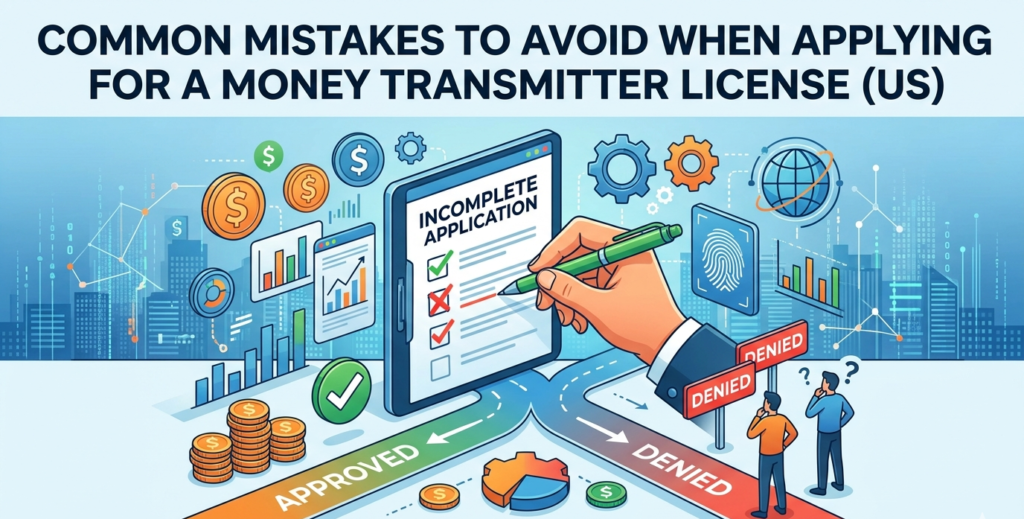 An illustrative infographic titled "Common Mistakes to Avoid When Applying for a Money Transmitter License (US)." The image features a digital tablet showing an "Incomplete Application" with red marks, a hand holding a pen, and a fork in a road leading to either an "Approved" green path or a "Denied" red path.