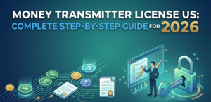 Gemini said "Money Transmitter License US: Complete Step-by-Step Guide for 2026." A detailed infographic in blue and gold, featuring a man at a glowing tablet with a checklist, currency coins (USD and crypto), and a key in a large padlock labeled "LICENSED," illustrating the path to regulatory compliance for US money transmitters.