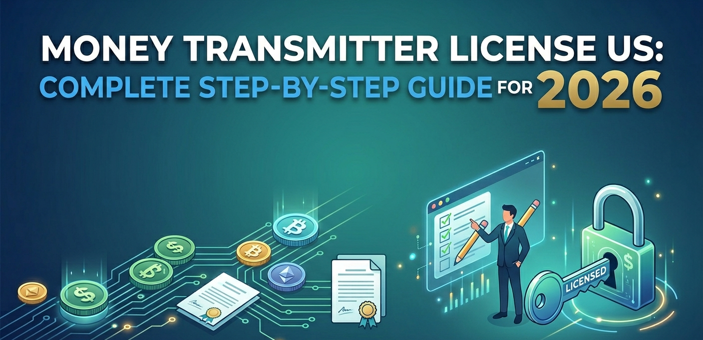 Gemini said "Money Transmitter License US: Complete Step-by-Step Guide for 2026." A detailed infographic in blue and gold, featuring a man at a glowing tablet with a checklist, currency coins (USD and crypto), and a key in a large padlock labeled "LICENSED," illustrating the path to regulatory compliance for US money transmitters.