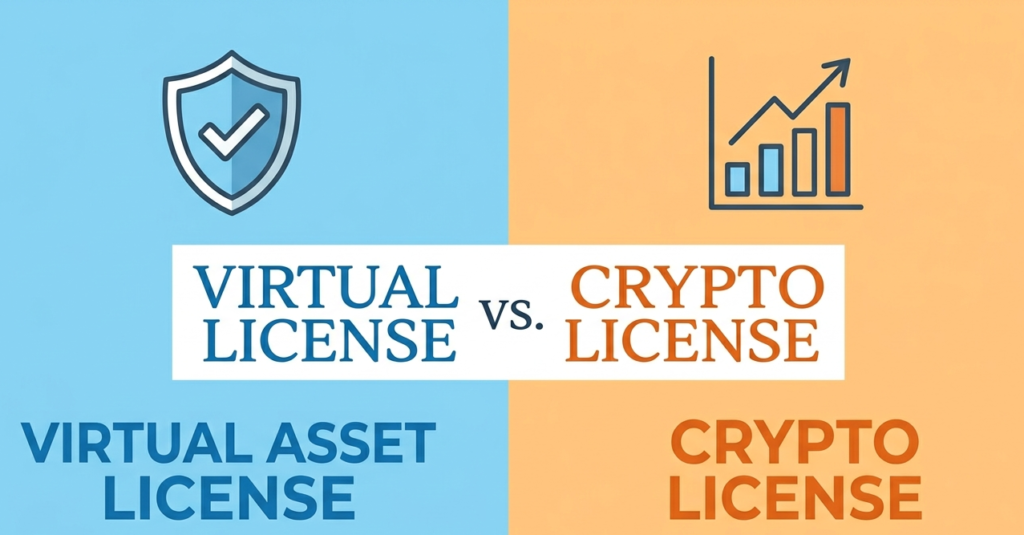 A comparison graphic split vertically between a blue background and an orange background. On the blue left side, there is a shield icon with a checkmark, and below it, the title "Virtual asset License" with the descriptive text "Broad Regulation & Compliance." On the orange right side, there is an line graph icon with an upward-pointing arrow, and below it, the title "Crypto License" with the descriptive text "Cryptocurrency & Exchange Focus." In the center of the image, where the two sides meet, is a horizontal white text box with the words "VIRTUAL LICENSE vs. CRYPTO LICENSE" centered inside. The overall theme is comparing two types of licenses, with the virtual asset license on the left representing regulation and compliance.